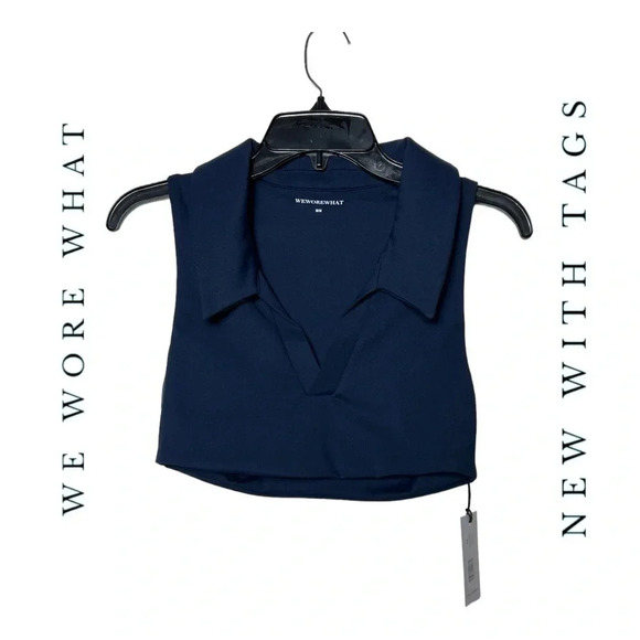 1621. WE WORE WHAT SLEEVELESS COLLARED TOP SIZE MEDIUM NAVY BLUE IN COLOR V NECK - Picture 1 of 8